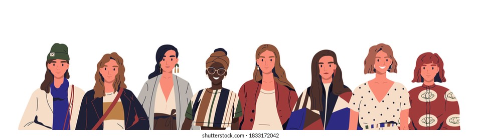 Group of stylish young women in trendy clothes. Multinational female fashionable characters together. Concept of diversity, sisterhood. Flat vector cartoon illustration isolated on white