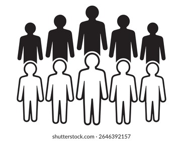 A group of stylized human figures, some filled in black and others outlined in white, arranged in two rows. This graphic representation of people is isolated on a white background.