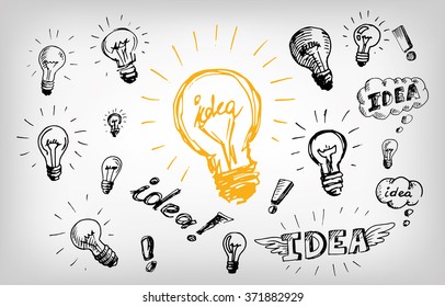 Group of stylized light bulbs for the design concept of idea on a white background/ Idea light bulb logo concept
