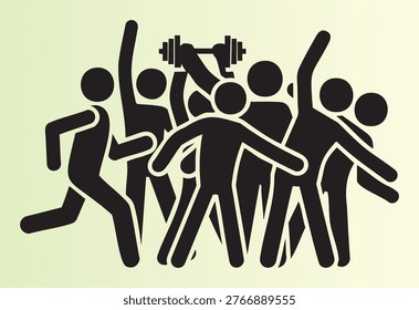 Group of stylized silhouette figures exercising and lifting weights together as a team illustration