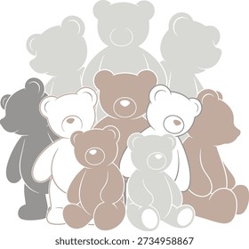 Group of stylized teddy bears in muted colors on white background stuffed animal