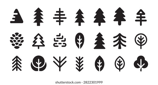 Group of stylized trees leaves pine cones and abstract shapes on transparent background.