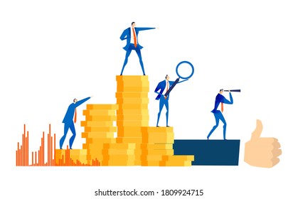 Group of successful business people, bankers stand at stacked up coins and looking to future for best investment, new business start up, financial growth and improvement. Salary, earnings, savings con