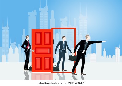 Group of successful business people in the City in front of the open door, pointing to the future and looking for the opportunity. Business concept illustration