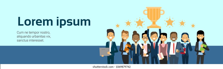 Group Of Successful Business People Winners Over Golden Cup Background With Copy Space Horizontal Banner