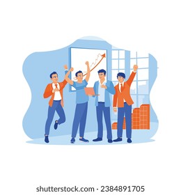Grupo de empresarios exitosos que usan laptops durante reuniones en la oficina. Levantarse las manos y alegrarse después de lograr el éxito. Celebrando el concepto. ilustración plana vectorial moderna de tendencia