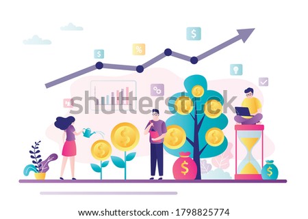 Group of successful investors or business people growths profit. Earnings on stock exchange, investments. Growing stock market, analysts are looking for ways to make money. Flat vector illustration