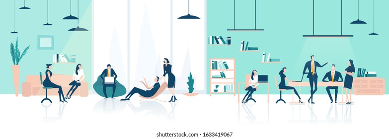 Group of successful young business people working in beautiful office environment. Office business life, people talking, working together, negotiating, making decisions. Concept illustration