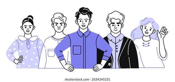 A group of successful young business people in the doodle style. Teamwork. Confident men and women. Vector illustration isolated on white