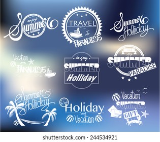 Group of Summer Labels on Blurred Background