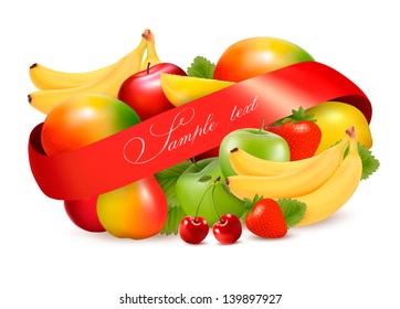 Group of summer and tropical fruit with ribbon. Vector