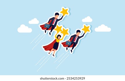 A group of super businessmen is flying in the sky carrying stars, illustrating the results of collaboration in achieving business ratings