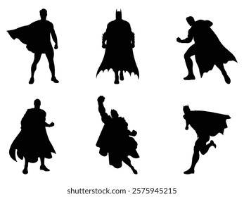 Group of Super Hero Silhouette isolated white background. Vector Illustration