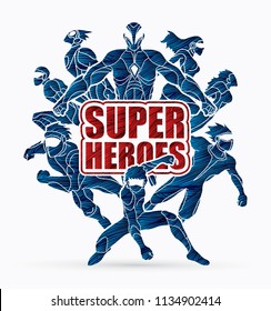 Group of Super Heroes action with text super heroes graphic vector