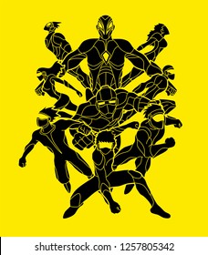Group of Super Heroes action, Unity together team work graphic vector