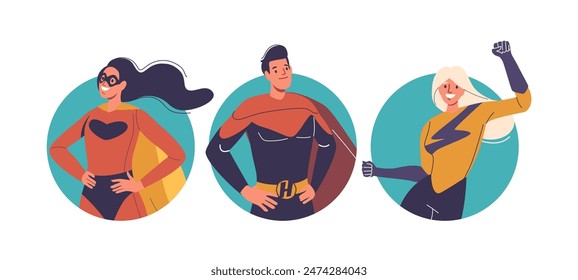 Grupo De Superhéroes Con Trajes Vibrantes Y Poses Heroicas Llamativas. Iconos Redondos De Dibujos Animados Energéticos Y Empoderantes, Avatares