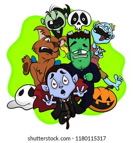 Group Of Supernatural Characters Running Scared, Happy Halloween Greeting Card, Cartoon Vector