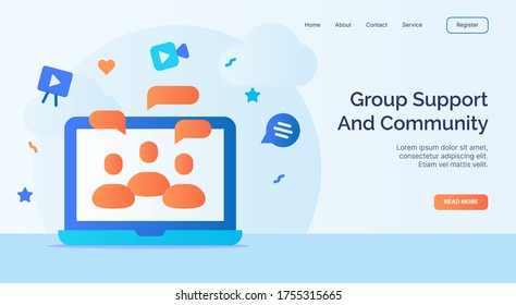 Group support and community for campaign web website home homepage landing page template with filled color modern flat style design vector illustration