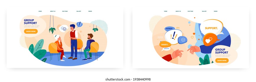 Group support landing page design, website banner vector template set. People meeting to discuss their problems and help