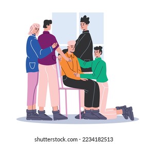 Group support therapy. Hugging people comfort frustrated guy. Psychological emotional help and empathy. Moral team assistance. Sympathetic friends. Care of depressed man