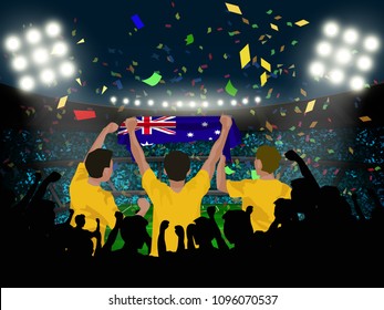 group of supporter hold Australia flag among silhouette audience in soccer stadium in vector illustration. concept for football result template use in web or mobile phone application