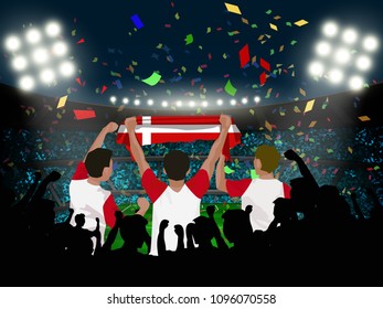 group of supporter hold Denmark flag among silhouette audience in soccer stadium in vector illustration. concept for football result template use in web or mobile phone application