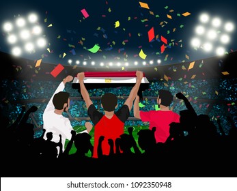 group of supporter hold Egypt flag among silhouette audience in soccer stadium in vector illustration. concept for football result template use in web or mobile phone application