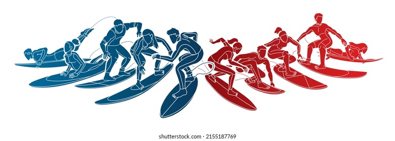 Group of Surfer Action People Surfing Sport Players Cartoon Graphic Vector