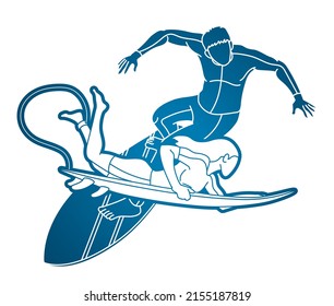 Group of Surfer Action People Surfing Sport Players Cartoon Graphic Vector