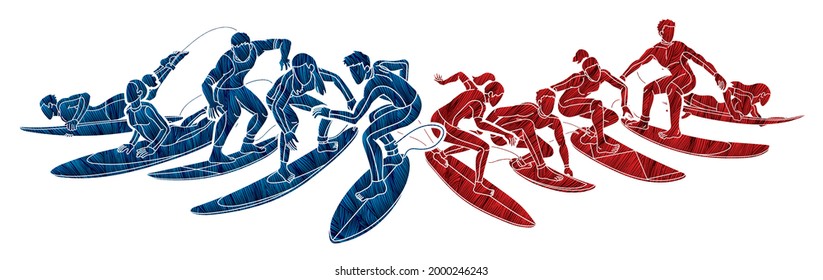 Group of  Surfer Action Surfing Sport Man and Woman Players Cartoon Graphic Vector