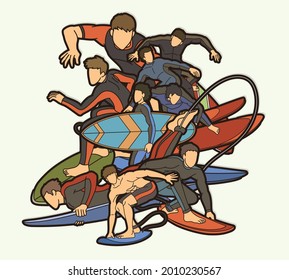 Group of Surfer Action Surfing Sport Man Players Cartoon Graphic Vector