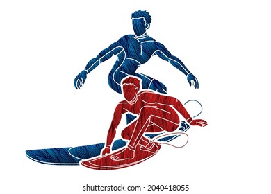 Group of Surfer Action Surfing Sport Man Players Cartoon Graphic Vector