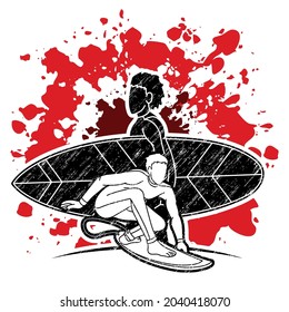 Group of Surfer Action Surfing Sport Man Players Cartoon Graphic Vector