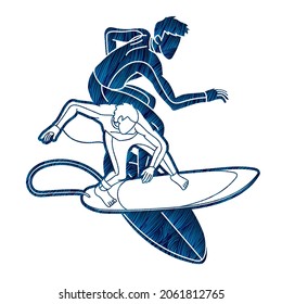 Group of Surfer Action Surfing Sport Players Cartoon Graphic Vector