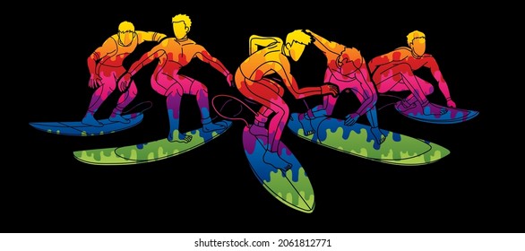 Group of Surfer Action Surfing Sport Players Cartoon Graphic Vector