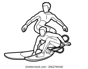 Group of Surfer Action Surfing Sport Players Cartoon Graphic Vector