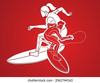 Group of Surfer Action Surfing Sport Players Cartoon Graphic Vector