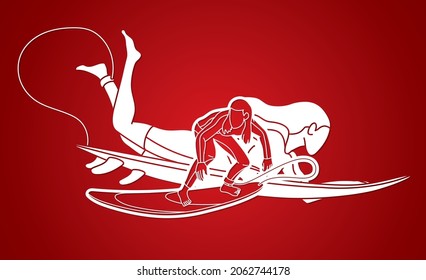 Group of Surfer Action Surfing Sport Players Cartoon Graphic Vector