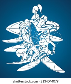 Group of Surfer Woman Surfing Sport Action Cartoon Graphic Vector
