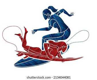 Group of Surfer Woman Surfing Sport Action Cartoon Graphic Vector