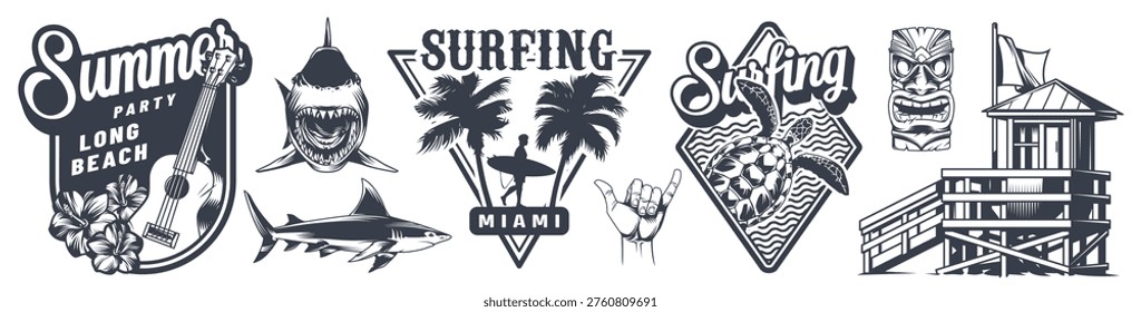A group of surfers rides the waves at Miami's long beach during a summer party. People enjoy the sun and ocean while engaging in this popular water sport.