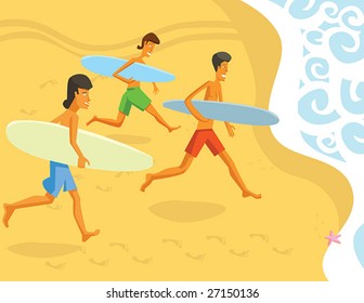 Group of Surfers Running Towards Waves