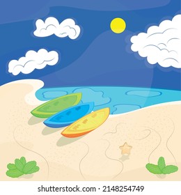 Group of surfing boards on the beach Summer holiday travel landscape Vector