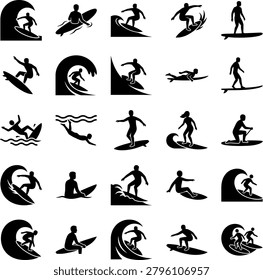 Group of surfing related icons including various riding styles surfing poses swimming and waves black silhouettes pack.
