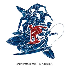 Group of Surfing Sport Men Players Action Cartoon Graphic Vector
