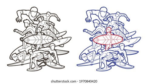 Group of Surfing Sport Men Players Action Cartoon Graphic Vector