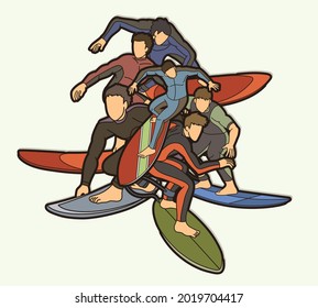 Group of Surfing Sport Men Players Surfer Action Cartoon Graphic Vector