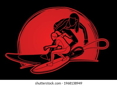 Group of Surfing Sport Women Players Action Cartoon Graphic Vector