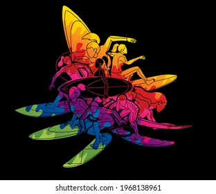Group of Surfing Sport Women Players Action Cartoon Graphic Vector