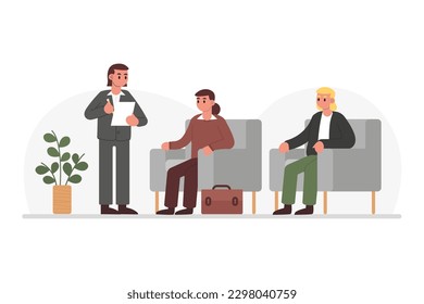 Group survey, questionnaire filling. Vector character calls people from queue on list. People are waiting for reception, sitting in chairs. Preparation for interview, registration. Comfortable testing